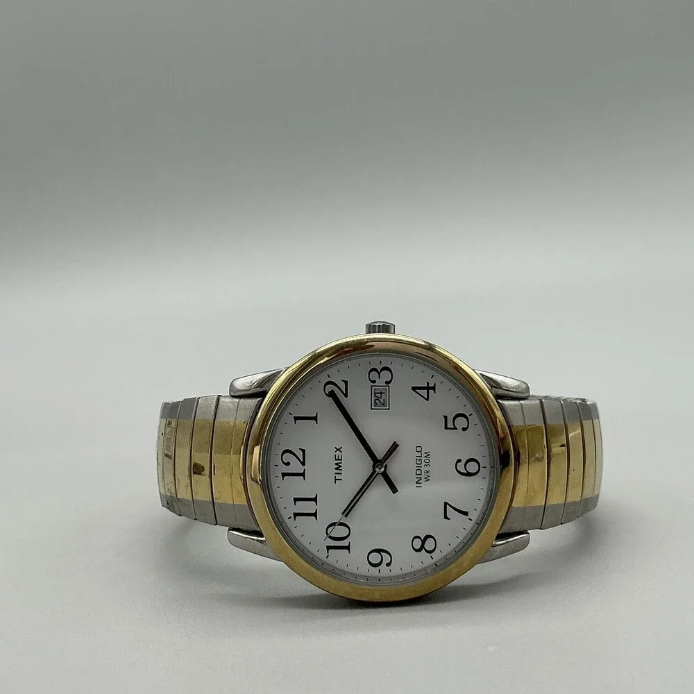 Timex Indiglo WR 30M Mens Watch 35mm White Dial Two Tone Bracelet New Battery